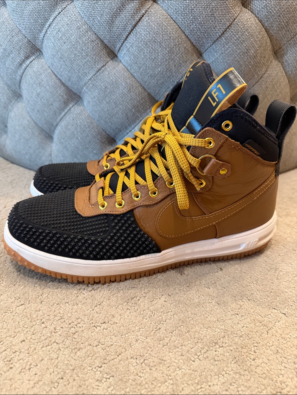 Lunar Force One: Nike Men’s Black, Brown & Yellow High-Top Sneakers